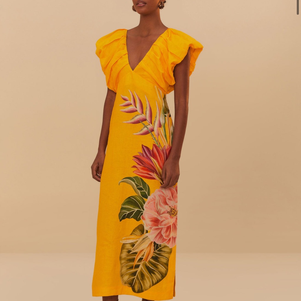 Farmrio Yellow Spring Awakening Euroflax Premium Linen Floral Midi Dress